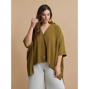 Women's V-Neck Crepe Blouse with Dipped Sides Mat Fashion Airwashed image-2