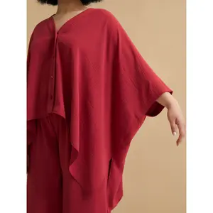 Women's V-Neck Crepe Blouse with Dipped Sides Mat Fashion Airwashed image-4