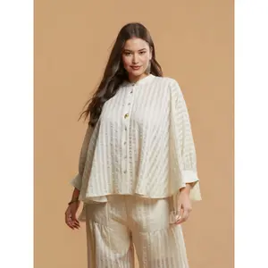 Striped Long Sleeve Mandarin Collar Women's Shirt Mat Fashion image-1
