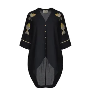 Embroidered Tunic with Buttons and Deep Back Women's Mat Fashion image-0