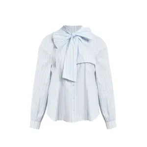Striped Bow Tie Blouse Women's Mat Fashion image-0