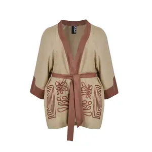 Kimono orné de broderies en forme de labyrinthe en lin mélangé femme Mat Fashion