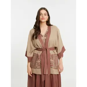 Kimono orné de broderies en forme de labyrinthe en lin mélangé femme Mat Fashion image-1