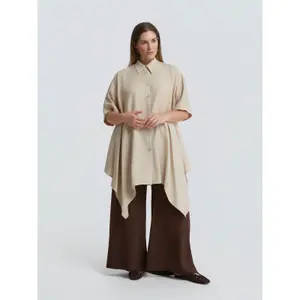 Women's Asymmetrical Long Linen Blend Blouse Mat Fashion image-1
