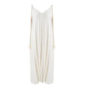 Robe longue avec liens à pompons sur les côtés en viscose et lin mujer Mat Fashion