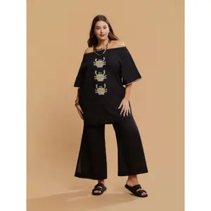 Blouse à épaules dénudées avec motif brodé en coton femme Mat Fashion image-1