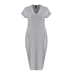 Striped V-Neck Midi Dress Women Mat Fashion image-0