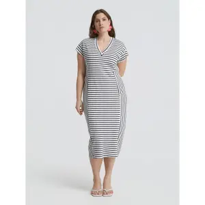 Striped V-Neck Midi Dress Women Mat Fashion image-1