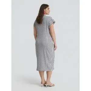 Striped V-Neck Midi Dress Women Mat Fashion image-2