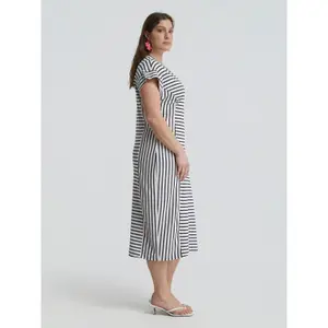 Striped V-Neck Midi Dress Women Mat Fashion image-3