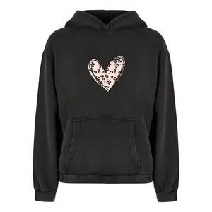 Sweatshirt com capuz de grandes dimensões para mulher Merchcode Valentines Day - Leopard Heart Acid Washed