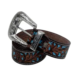 Leather belt woman Myra Bag Turquoise Hand-Tooled image-0