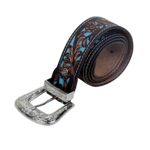 Leather belt woman Myra Bag Turquoise Hand-Tooled image-1