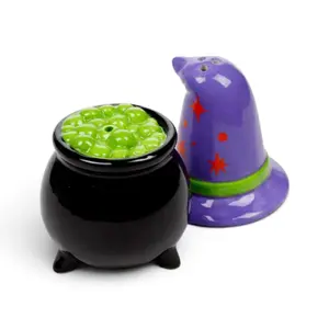 Ceramic Salt and Pepper Shaker Witch Hat and Cauldron Puckator Spooky image-0