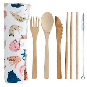 6-teiliges Besteckset und Aufbewahrungstasche aus Bambus Puckator Cat's Life chat image-0