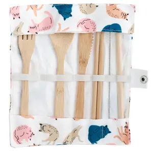 6-teiliges Besteckset und Aufbewahrungstasche aus Bambus Puckator Cat's Life chat image-1