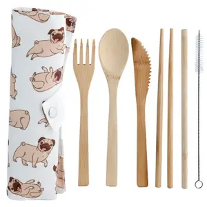Set of 6 pug dog bamboo cutlery and storage pouch Puckator Mopps image-0