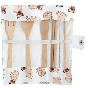 Set of 6 pug dog bamboo cutlery and storage pouch Puckator Mopps image-2
