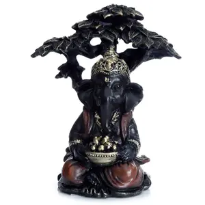 Black & Gold Ganesh Figurine Sitting Under a Tree Puckator image-0