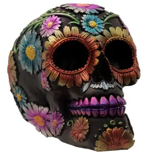 Metallic decorative skull for Day of the Dead with flowers Puckator image-1