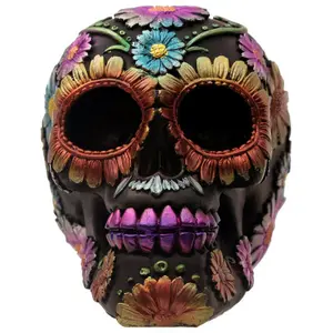Metallic decorative skull for Day of the Dead with flowers Puckator image-2