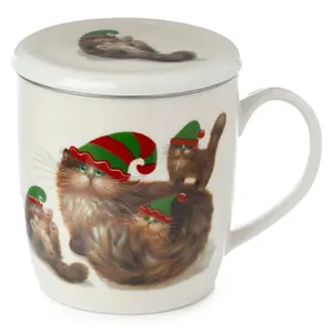 Porcelánový hrnek s infuzérem a víčkem kim haskins kočky Vánoční elfové Puckator image-0