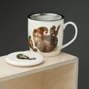 Porcelánový hrnek s infuzérem a víčkem kim haskins kočky Vánoční elfové Puckator image-1