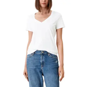Cotton Jersey V-Neck Ribbed T-Shirt Women's QS image-1