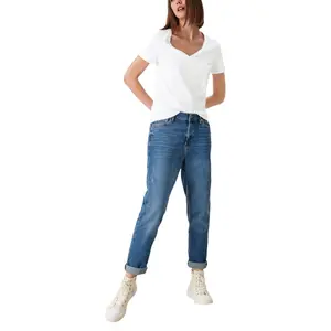 Cotton Jersey V-Neck Ribbed T-Shirt Women's QS image-5
