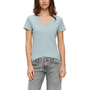 Cotton Jersey V-Neck Ribbed T-Shirt Women's QS image-1