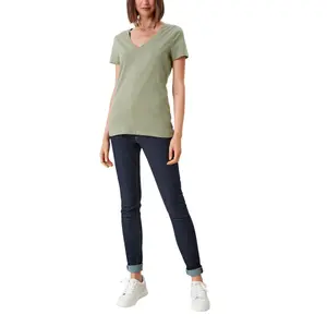Cotton Jersey V-Neck Ribbed T-Shirt Women's QS image-5