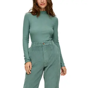 Women's Fitted Long Sleeve Ribbed Knit T-Shirt Roll Neck QS image-1