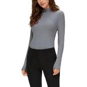Women's Fitted Long Sleeve Ribbed Knit T-Shirt Roll Neck QS image-1