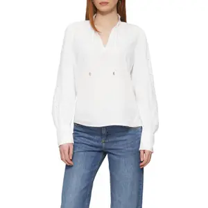 Cotton Blouse with Embroidery on Sleeves Women QS image-2