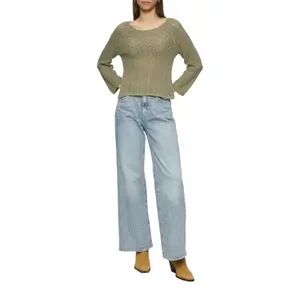 Women's Raglan Sleeve Knit Sweater with Lattice Pattern QS image-6
