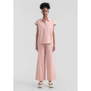 Women’s Striped Cotton Wide Leg Trousers with Drawstring QS image-1