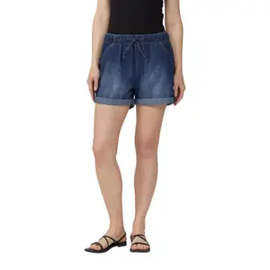 Wide Leg Denim Shorts with Drawstring Women QS image-2