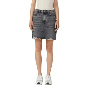 Women's Flared Denim Skirt Used Effect Frayed Hem QS image-2