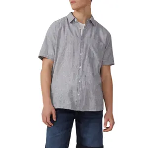 Linen Blend Shirt with Classic Collar and Chest Pocket QS image-2