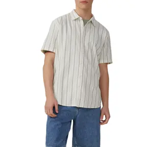 Striped Linen Blend Buttoned Kent Collar Overshirt QS image-2