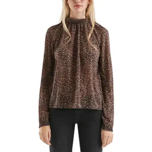 Smocked High Neck All Over Print Blouse Women QS image-2