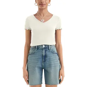V-Neck T-Shirt with Wavy Cuffs for Women QS image-2