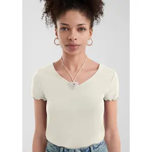 V-Neck T-Shirt with Wavy Cuffs for Women QS image-3