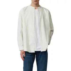 Striped Long Sleeve Cotton Shirt with High Collar QS image-2