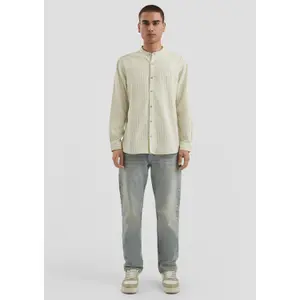 Striped Long Sleeve Cotton Shirt with High Collar QS image-6