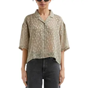 Short Sheer Dobby Structure Top with Three-Quarter Sleeves for Women QS image-2
