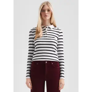 Women's Striped Ribbed Polo QS image-6