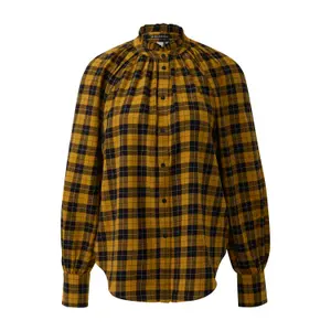 Checked Blouse with Raglan Sleeves and Ruffles on the High Collar for Women QS image-0