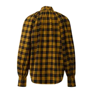 Checked Blouse with Raglan Sleeves and Ruffles on the High Collar for Women QS image-1