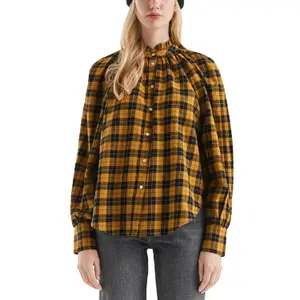 Checked Blouse with Raglan Sleeves and Ruffles on the High Collar for Women QS image-2